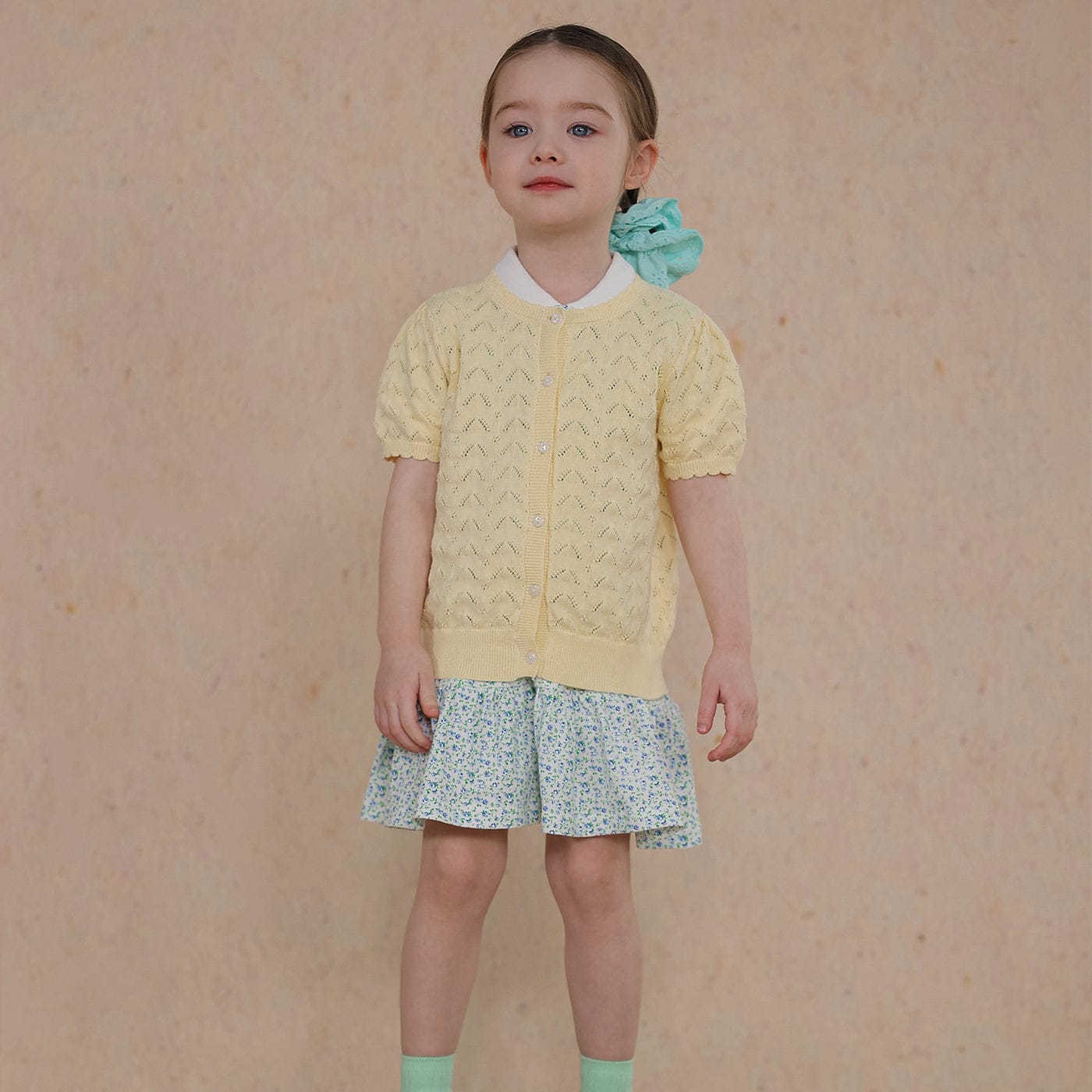 カーディガン・パーカー Yellow / 80cm knitted hollow short-sleeve cardigan【mh0009486】