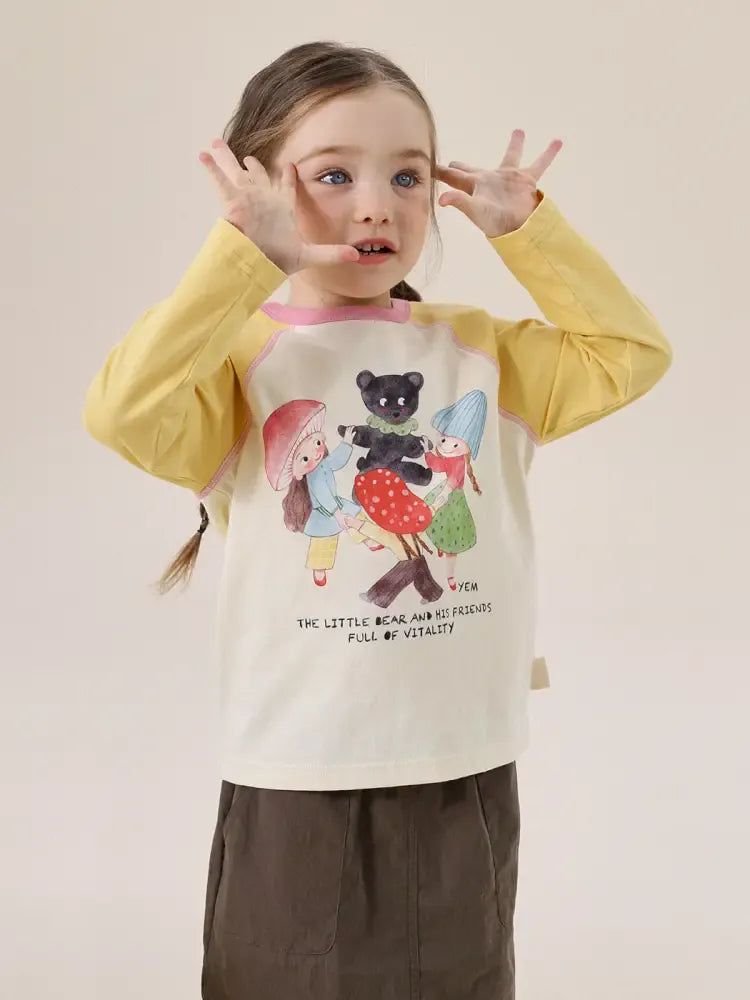 子ども用ラグラン長袖Tシャツ(黄×白)動物イラスト付き、背面側の見せ