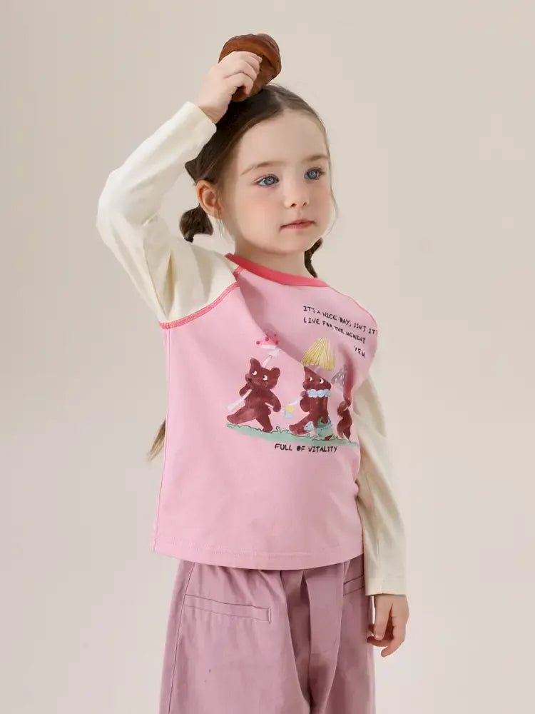 子ども用ラグラン長袖Tシャツ(ピンク×生成り)動物イラスト入り、前面