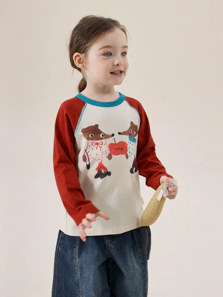子ども用ラグラン長袖Tシャツ(赤×白)動物イラスト、ターコイズの配色衿付き