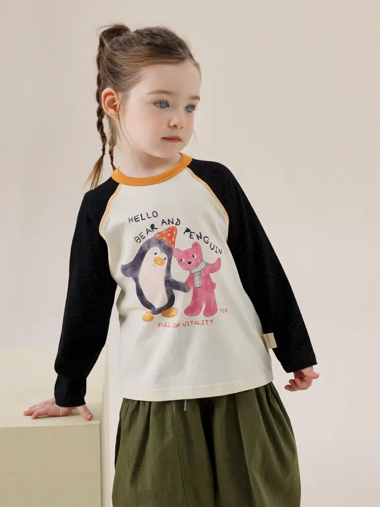 子ども用ラグラン長袖Tシャツ(黒×生成り)動物イラスト(ペンギン等)付き