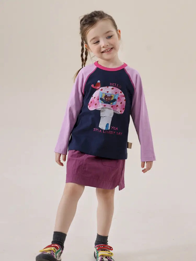 子ども用ラグラン長袖Tシャツ(パープル×ネイビー)動物イラスト付き前面