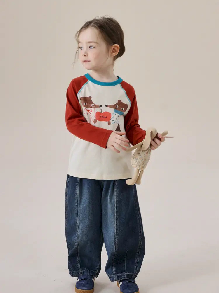 子ども用ラグラン長袖Tシャツ(赤×白)動物イラスト、ターコイズの配色衿付き
