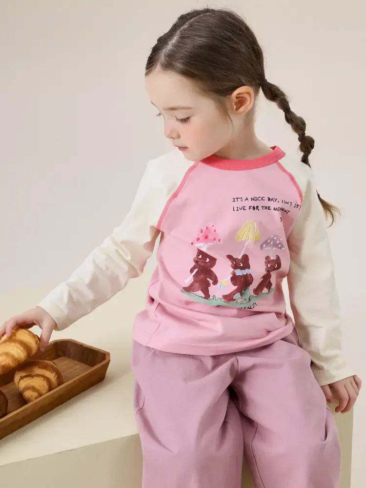 子ども用ラグラン長袖Tシャツ(ピンク×生成り)動物イラストと文字入り前面