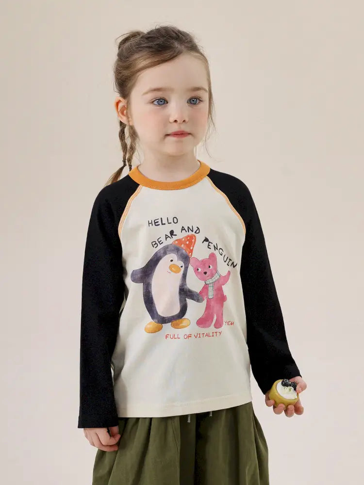 キッズ用ラグラン長袖Tシャツ(ブラック×ホワイト)ペンギンと動物のプリント