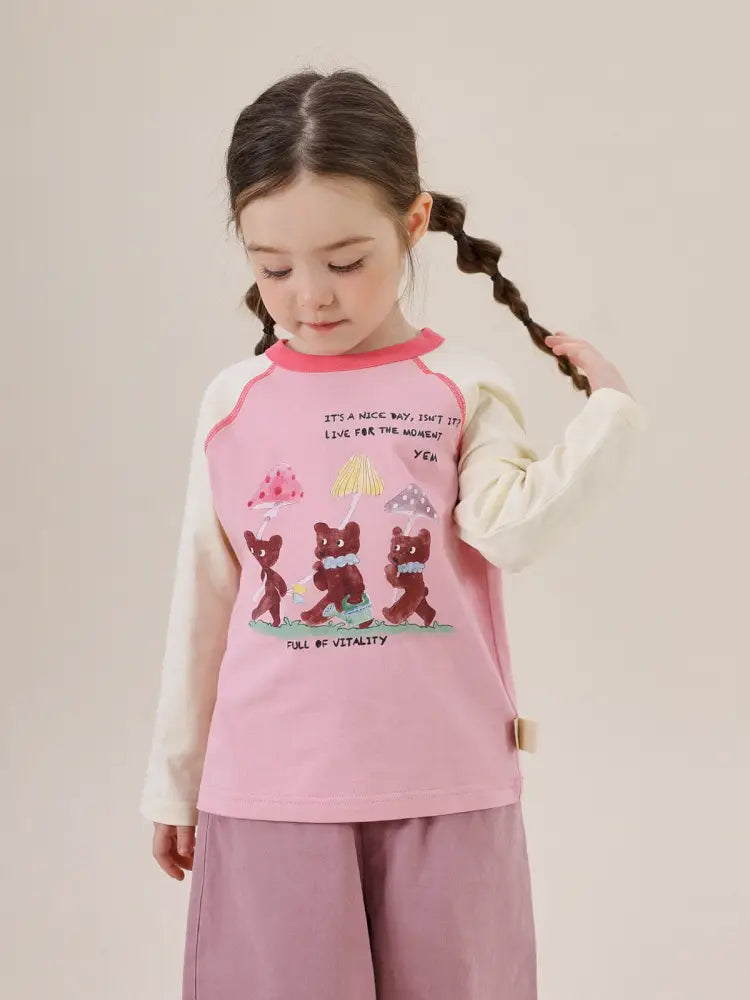 キッズ用ラグラン長袖Tシャツ(ピンク×アイボリー)クマと動物イラスト
