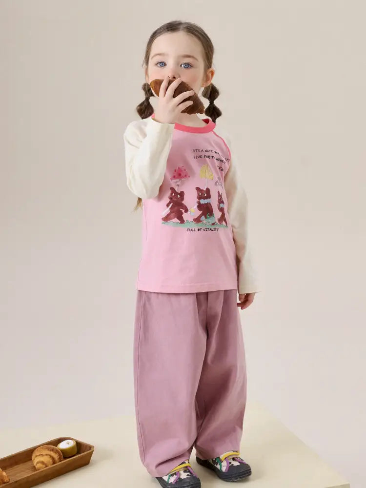 キッズ用ラグラン長袖Tシャツ(ピンク×アイボリー)動物のイラストプリント