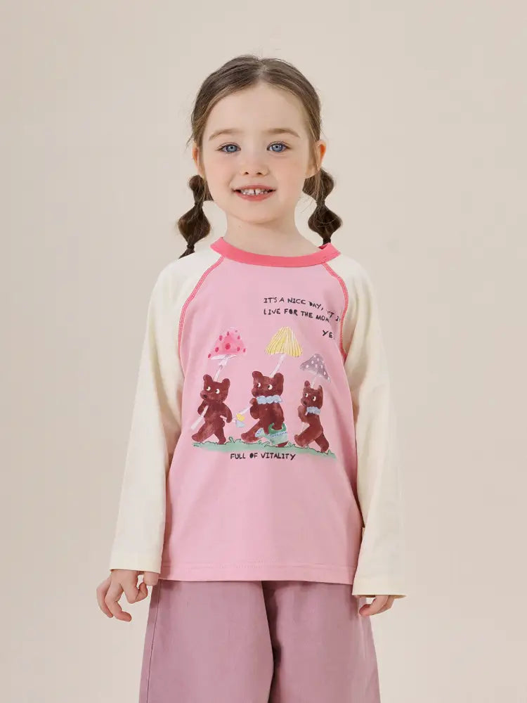 キッズ用ラグラン長袖Tシャツ(ピンク×ホワイト)クマと動物プリント