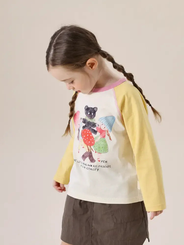 白地×黄のラグラン長袖Tシャツ、フロントにクマ風の動物イラスト