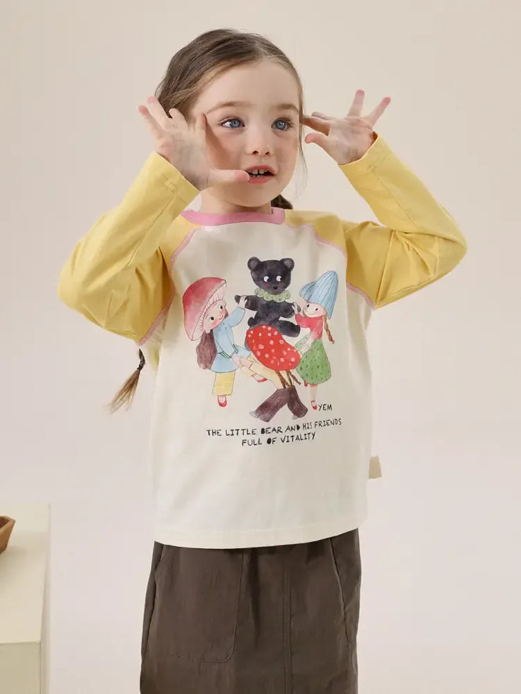 白地×黄のラグラン長袖Tシャツ、クマのような動物イラストプリント