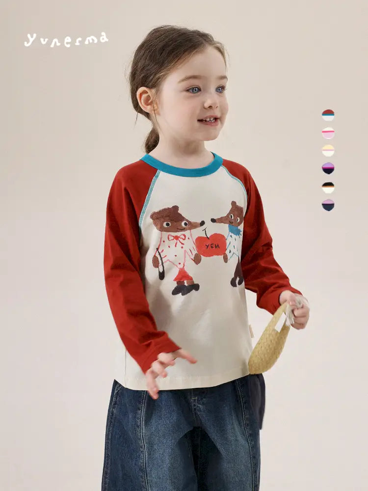 キッズ用ラグラン長袖Tシャツ(レッド×ホワイト)動物と乗り物プリント