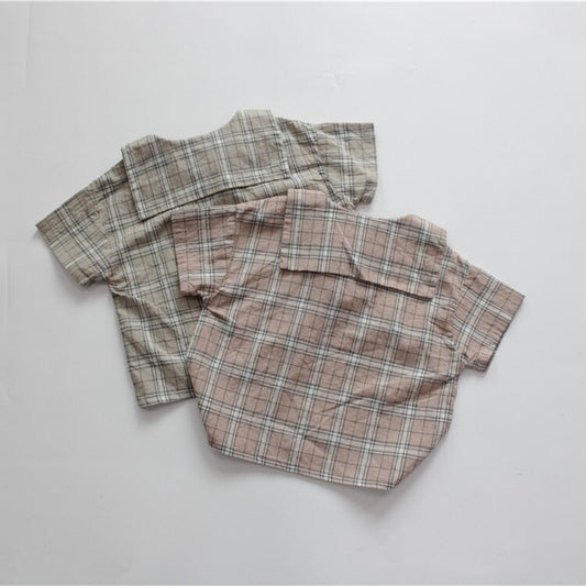 -キッズトップス セーラーカラー チェック リボン 半袖ブラウス - mamahalo shop - 半袖シャツ・ブラウス - べビー服 - 子供服 - 男の子 - 女の子
