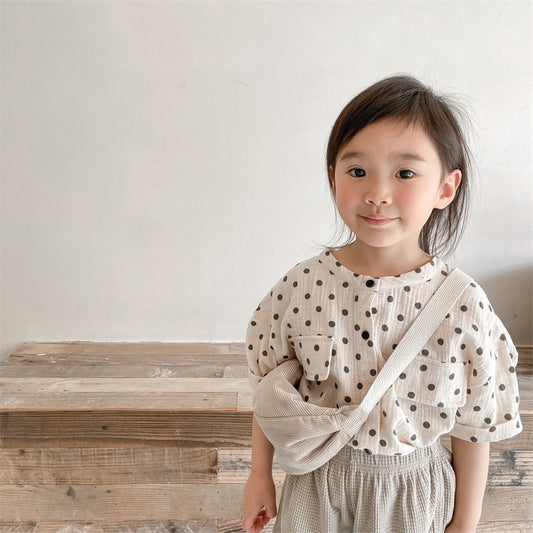 -キッズ みずたま ノーカラー 半袖 シャツ ブラウス トップス - mamahalo shop - 半袖シャツ・ブラウス - べビー服 - 子供服 - 男の子 - 女の子
