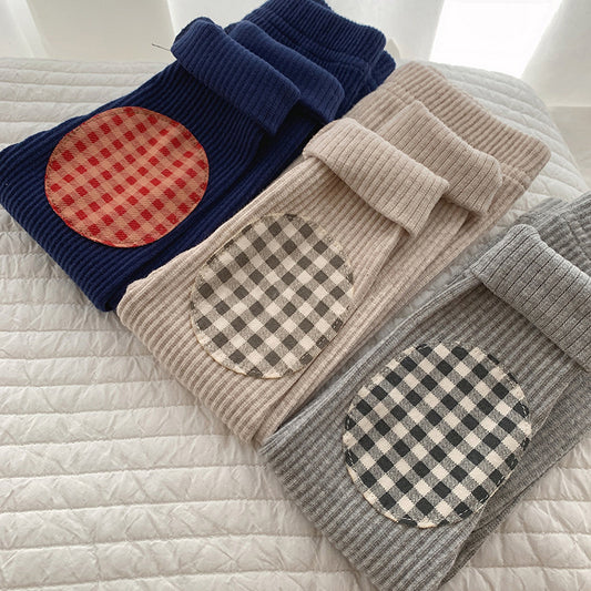 -ベビー チェック 膝パッチ リブ レギンス パンツ【mh0000623】 - mamahalo shop - レギンスパンツ - べビー服 - 子供服 - 男の子 - 女の子