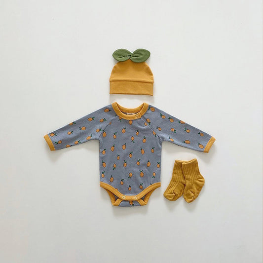 -ベビーロンパース 帽子セットレモンプリント 長袖ボディスーツ ニットキャップ ベージュ/ブルー/2カラー【mh0000361】 - mamahalo shop - 長袖ロンパース - べビー服 - 子供服 - 男の子 - 女の子
