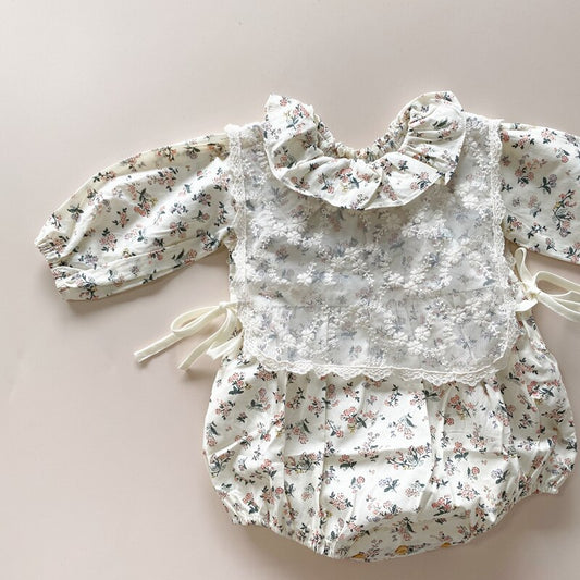 -ベビー フラワー 長袖 ロンパース レース ビブスタイ - mamahalo shop - 長袖ロンパース - べビー服 - 子供服 - 男の子 - 女の子