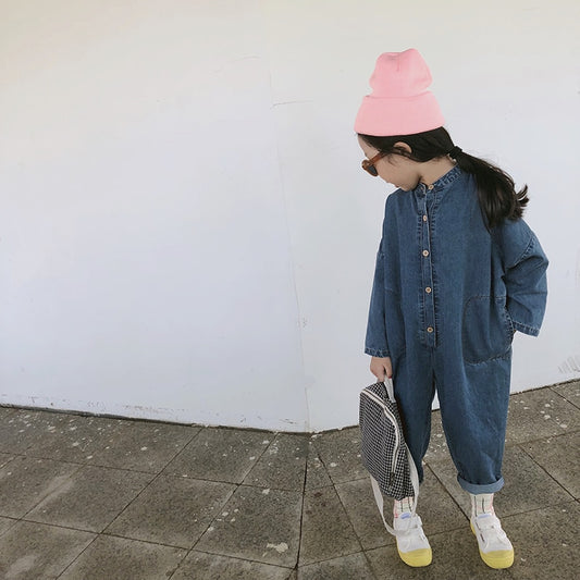 -キッズ デニム ルーズ 長袖 ジャンプスーツ つなぎ - mamahalo shop - 長袖ジャンプスーツ - べビー服 - 子供服 - 男の子 - 女の子
