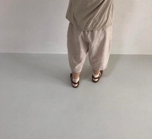-キッズ コットンリネン チェック ルーズ パンツ - mamahalo shop - ロングパンツ・スウェットパンツ - べビー服 - 子供服 - 男の子 - 女の子