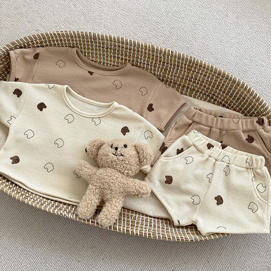 -ベビー セットアップ ワッフル くま ベア 半袖 Tシャツ ショートパンツ ベージュ ブラウン - mamahalo shop - 半袖セットアップ - べビー服 - 子供服 - 男の子 - 女の子