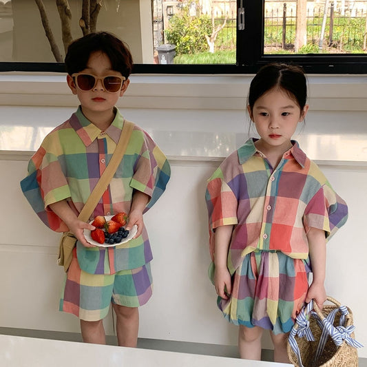 -キッズ ガールズ ボーイズ セットアップ マドラス チェック 半袖 シャツ ブラウス ショートパンツ バルーンパンツ リンク 兄弟 姉妹 お揃い コーデ - mamahalo shop - 半袖セットアップ - べビー服 - 子供服 - 男の子 - 女の子