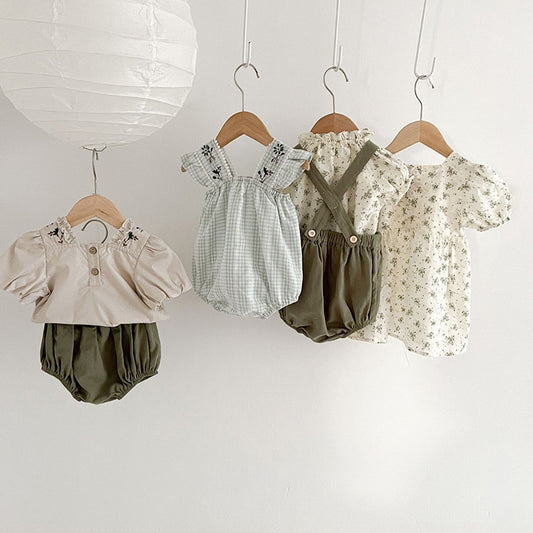 -ベビー フラワー 刺繍 半袖 ノースリーブ ロンパース ブルマパンツ 半袖 ブラウス トップス【mh0001513】 - mamahalo shop - ノースリーブロンパース - べビー服 - 子供服 - 男の子 - 女の子