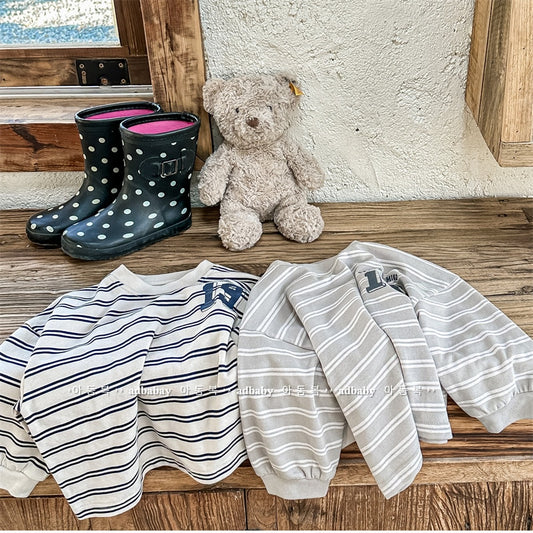 -キッズ ボーダー プリント 長袖 ルーズ Tシャツ トップス - mamahalo shop - 長袖Tシャツ - べビー服 - 子供服 - 男の子 - 女の子