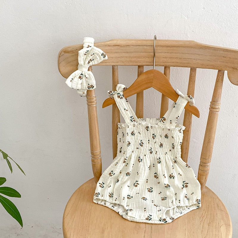 -ベビー フラワー 花柄 水玉 ピンドット シャーリング キャミソール ロンパース リボンヘアバンド セット - mamahalo shop - ノースリーブロンパース - べビー服 - 子供服 - 男の子 - 女の子