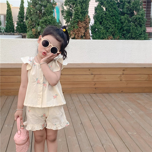 -キッズ セットアップ フラワー 刺繍 フリル ノースリーブ ブラウス トップス フリル ショートパンツ - mamahalo shop - ノースリーブセットアップ - べビー服 - 子供服 - 男の子 - 女の子