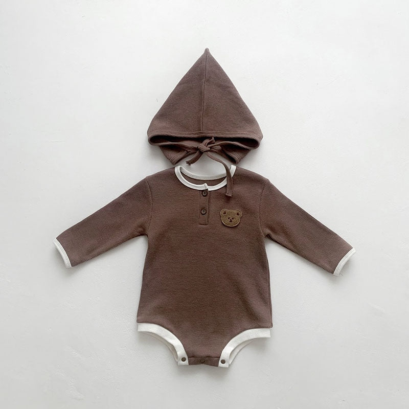 -ベビー ワッフル くま ベア 長袖 ロンパース ボンネット 帽子 セット - mamahalo shop - 長袖ロンパース - べビー服 - 子供服 - 男の子 - 女の子