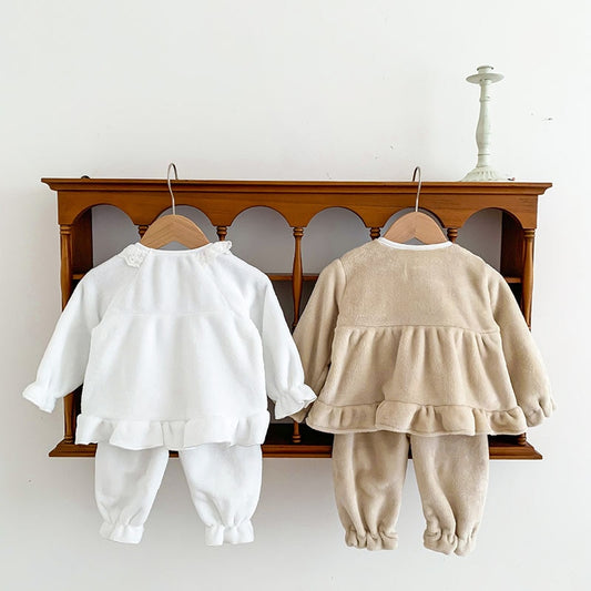 -☺︎ ベビー 長袖 パジャマ セット フリース レース フリル トップス パンツベビー 長袖 パジャマ セット フリース レース フリル トップス パンツ - mamahalo shop - 長袖パジャマ - べビー服 - 子供服 - 男の子 - 女の子