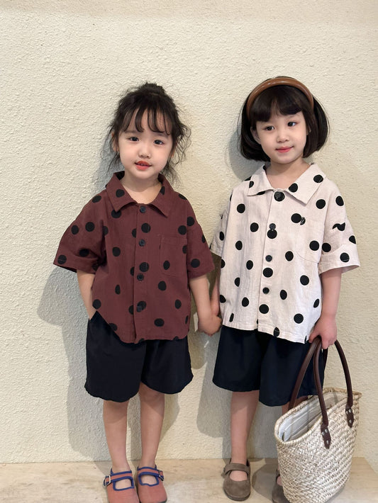 -キッズ セットアップ みずたま ブラウス シャツ ハーフパンツ - mamahalo shop - 半袖セットアップ - べビー服 - 子供服 - 男の子 - 女の子