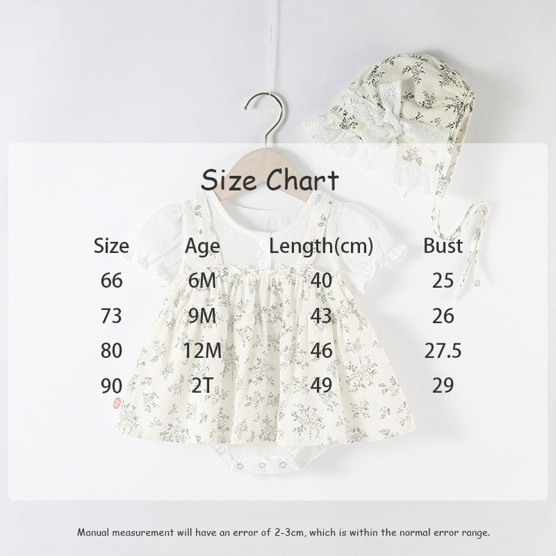 -ベビー フラワー ワンピース ドッキング 半袖 ロンパース ボンネット 帽子 セット - mamahalo shop - 半袖ロンパース - べビー服 - 子供服 - 男の子 - 女の子
