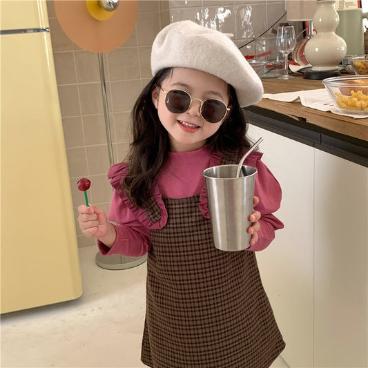 -キッズ セットアップ チェック フリル サスペンダー ワンピース パフスリーブ 長袖 Tシャツ - mamahalo shop - 長袖セットアップ - べビー服 - 子供服 - 男の子 - 女の子