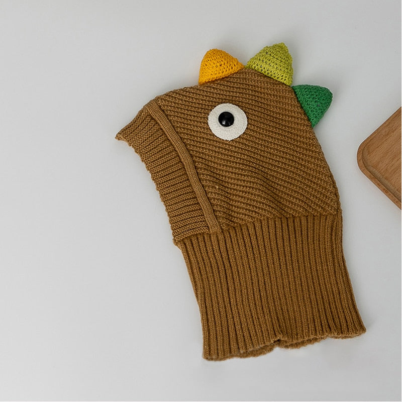 -キッズ ニット ダイナソー 恐竜 フーディ フード ケープ スカーフ キャップ 帽子 - mamahalo shop - ベビー用帽子 - べビー服 - 子供服 - 男の子 - 女の子