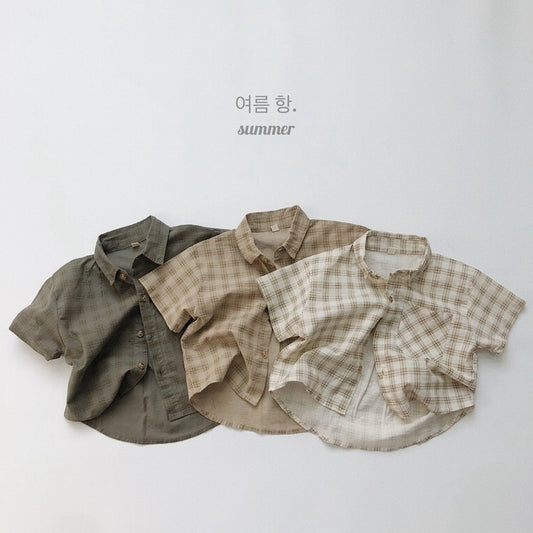 -キッズ チェック 半袖 シャツ ルーズ パンツ - mamahalo shop - 半袖シャツ・ブラウス - べビー服 - 子供服 - 男の子 - 女の子