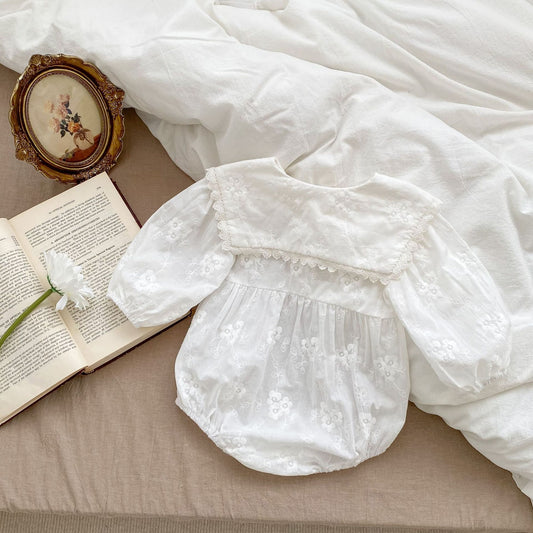 -ベビー フラワー 刺繍 ビッグカラー 長袖 ロンパース - mamahalo shop - 長袖ロンパース - べビー服 - 子供服 - 男の子 - 女の子