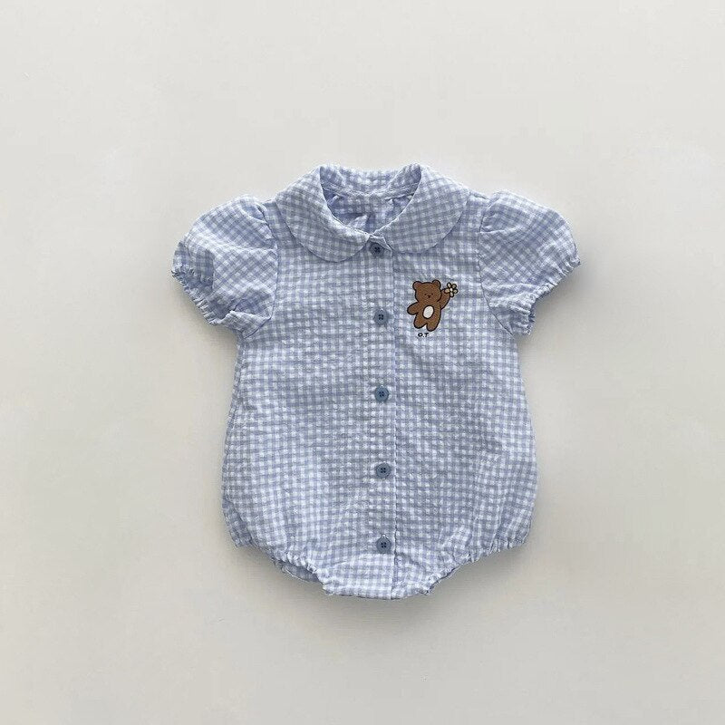 -ベビー チェック くま ベア 半袖 パフスリーブ ブラウス シャツ ロンパース - mamahalo shop - 半袖ロンパース - べビー服 - 子供服 - 男の子 - 女の子