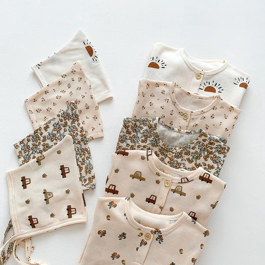 -ベビー 長袖 プリント ロンパース ジャンプスーツ 車 くるま フラワー - mamahalo shop - 長袖ロンパース - べビー服 - 子供服 - 男の子 - 女の子