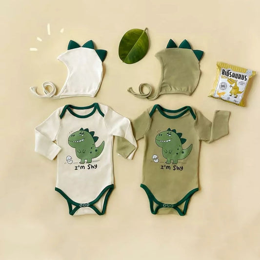 -ベビー 恐竜 ダイナソー 長袖 ロンパース 帽子 セット グリーン ベージュ コスチューム ボーイズ【mh0002457】 - mamahalo shop - 長袖ロンパース - べビー服 - 子供服 - 男の子 - 女の子