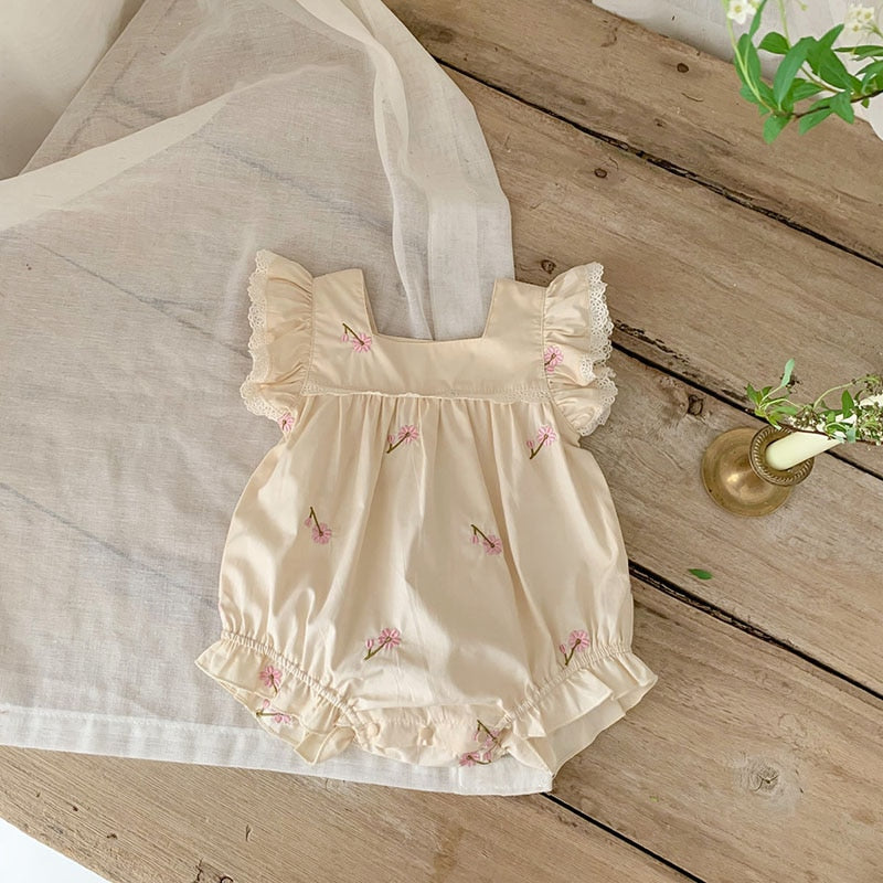 -ベビー フラワー 花柄 刺繍 フリルスリーブ ロンパース - mamahalo shop - ノースリーブロンパース - べビー服 - 子供服 - 男の子 - 女の子