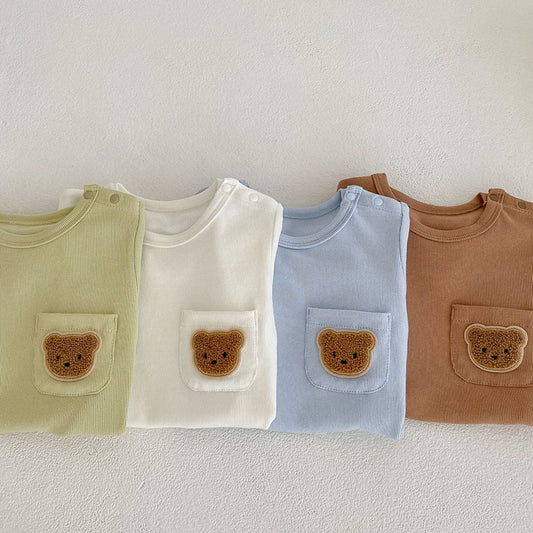 -ベビー くま ベア ワッペン 半袖 ロンパース ジャンプスーツ【mh0001786】 - mamahalo shop - 半袖ロンパース - べビー服 - 子供服 - 男の子 - 女の子