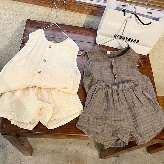 -☺︎ キッズ セットアップ ノースリーブ シャツ トップス ルーズ ショートパンツ - mamahalo shop - ノースリーブセットアップ - べビー服 - 子供服 - 男の子 - 女の子