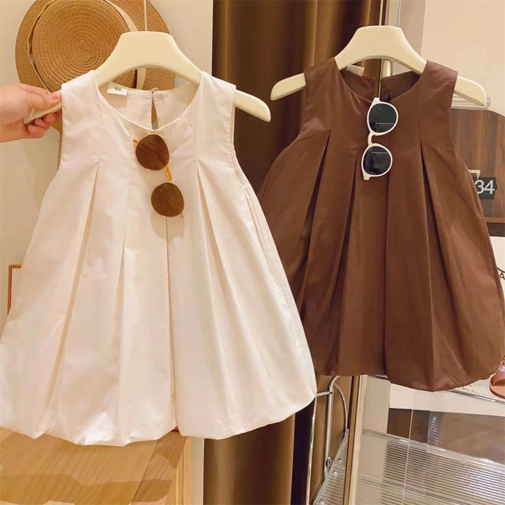 -キッズ ノースリーブ タック バルーンスカート ワンピース ベージュ ブラウン【mh0001953】 - mamahalo shop - ノースリーブワンピース - べビー服 - 子供服 - 男の子 - 女の子