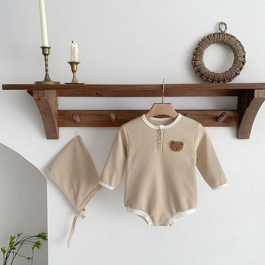 -ベビー ワッフル くま ベア 長袖 ロンパース ボンネット 帽子 セット - mamahalo shop - 長袖ロンパース - べビー服 - 子供服 - 男の子 - 女の子