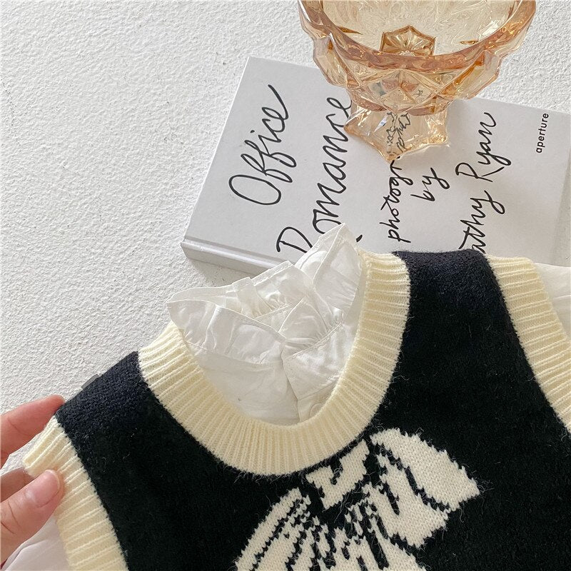 -キッズ セットアップ 長袖 スタンドカラー フリル ワンピース ニット リボン ベスト - mamahalo shop - 長袖セットアップ - べビー服 - 子供服 - 男の子 - 女の子