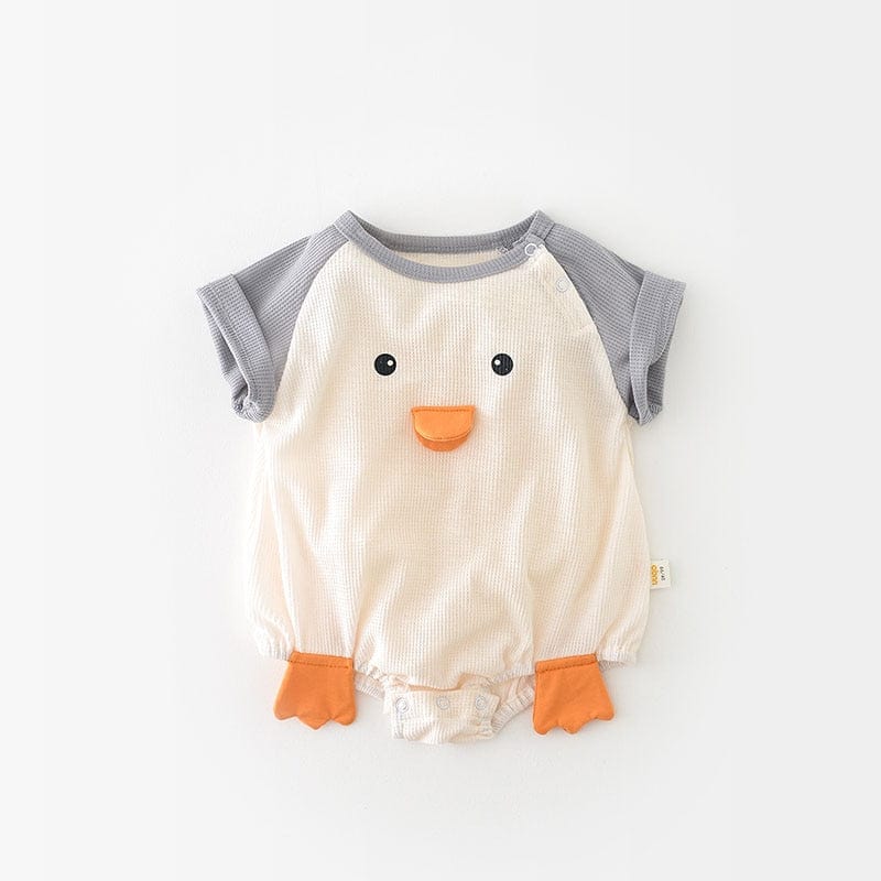 半袖ロンパース Gray / 6M 66cm ベビー ワッフル ペンギン 足つき 半袖 パッチワーク ロンパース【mh0001648】