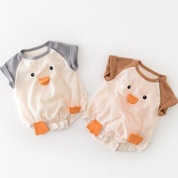 半袖ロンパース ベビー ワッフル ペンギン 足つき 半袖 パッチワーク ロンパース【mh0001648】