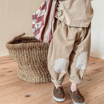 ロングパンツ・スウェットパンツ Khaki / 12M 80cm キッズ チェック 膝パッチ ルーズ パンツ ズボン【mh0001280】