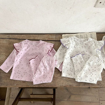 長袖パジャマ ベビー 長袖 パジャマ セット ハート フラワー ショルダーフリル 長袖 トップス パンツ【mh0001031】