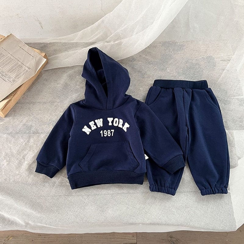 ベビー スウェットセットアップ フーディ&パンツ 紺、NEW YORK 1987ロゴ